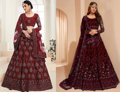 Udbhav Export Embroidered Semi Stitched Lehenga Choli(Maroon, Maroon, Multicolor)