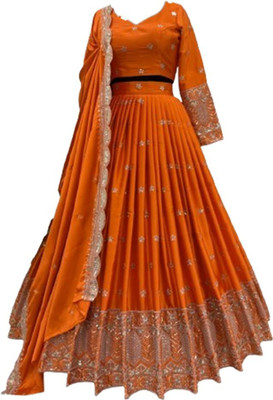 KAPANKU Embroidered Semi Stitched Lehenga Choli(Orange)