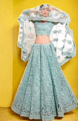 Miara Embroidered Semi Stitched Lehenga Choli(Light Blue)