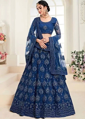 Beautypiie Embroidered Semi Stitched Lehenga Choli(Blue)