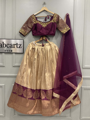 MR Y Self Design Semi Stitched Lehenga Choli(Beige, Purple)
