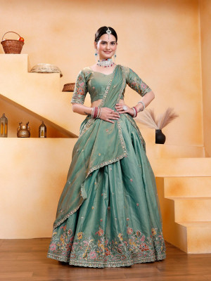 KRISHU ETHNICS Embroidered Semi Stitched Lehenga Choli(Light Green)
