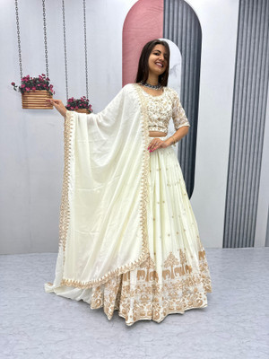Julee Embroidered Semi Stitched Lehenga Choli(White)