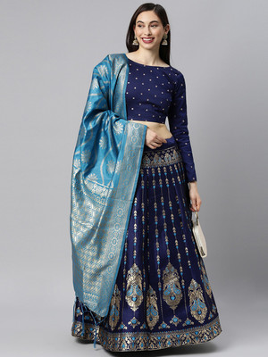 Divastri Self Design Semi Stitched Lehenga Choli(Dark Blue, Light Green)