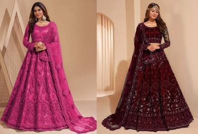 Cute Fellow Embroidered Semi Stitched Lehenga Choli(Pink, Maroon)