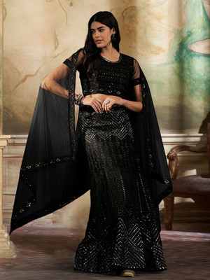 Yogik Creation Embroidered Semi Stitched Lehenga Choli(Black)
