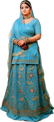 Bhawani saree center Embroidered Semi Stitched Rajasthani Poshak(Light Blue)