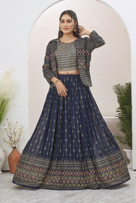 Odd by chansi Trendz Embroidered Stitched Lehenga with Jacket(Dark Blue)