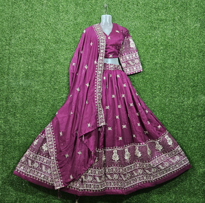 Ajay Enterprises Embroidered Semi Stitched Lehenga Choli(Purple)