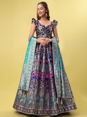 PURVAJA Floral Print Semi Stitched Lehenga Choli(Dark Blue)