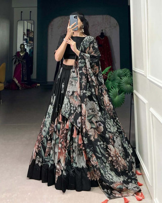 Udbhav Export Floral Print Semi Stitched Lehenga Choli(Black)
