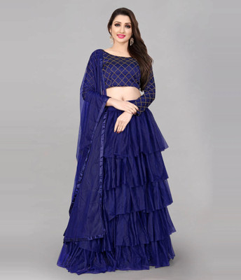 Fabcartz Solid Semi Stitched Lehenga Choli(Dark Blue)