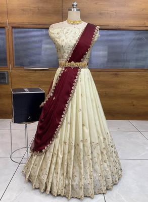 MR Y Embroidered Semi Stitched Lehenga Choli(Maroon, Beige)