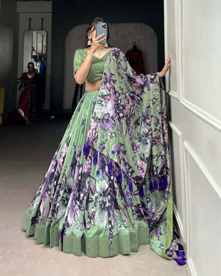 Reelove Factory Floral Print Semi Stitched Lehenga Choli(Light Green)