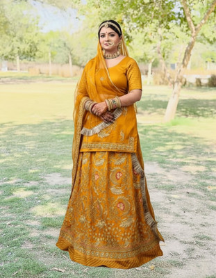 Bhawani saree center Embroidered Semi Stitched Rajasthani Poshak(Yellow)