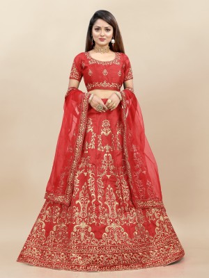 A To Z Cart Embroidered Semi Stitched Lehenga Choli(Red)