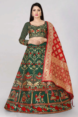 Fabcartz Self Design Semi Stitched Lehenga Choli(Dark Green)