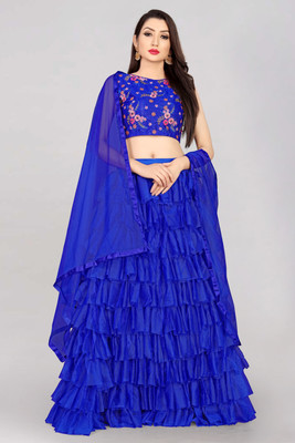 Fabcartz Embroidered Semi Stitched Lehenga Choli(Blue)