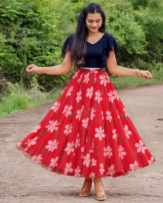 Ajfab Floral Print Stitched Lehenga & Crop Top(Pink)