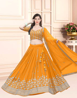 Women Wed Embroidered Semi Stitched Lehenga Choli(Yellow)