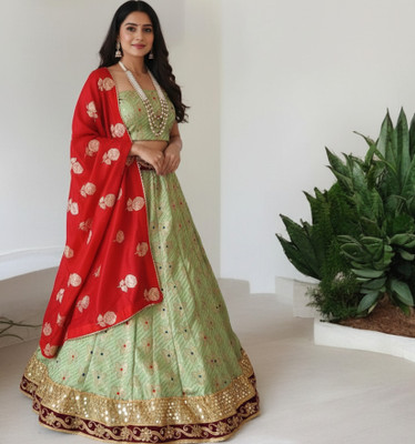 ANAVI FAB FASHION Embroidered, Floral Print, Embellished Stitched Lehenga Choli(Light Green, Pink)