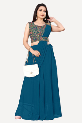 Dwitii Creation Solid Stitched Lehenga & Crop Top(Dark Blue)