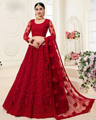 OVAZY Embroidered Semi Stitched Lehenga Choli(Red)