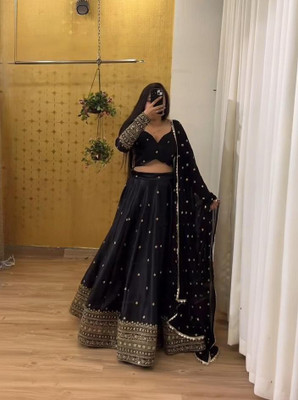 PEDR TRENDS Embroidered Semi Stitched Lehenga Choli(Black)