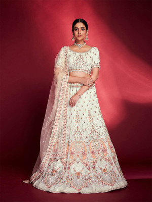 odette Embroidered Semi Stitched Lehenga Choli(White)