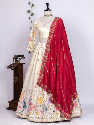 KRISHU ETHNICS Embroidered Semi Stitched Lehenga Choli(White, Red)