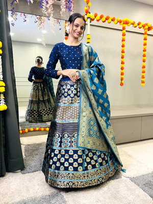 Fabcartz Self Design Semi Stitched Lehenga Choli(Blue)