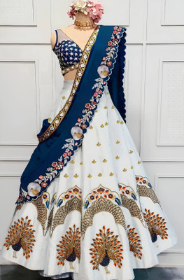 BHOJALCREATION Embroidered Semi Stitched Lehenga Choli(White)