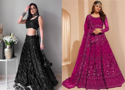Cute Fellow Embroidered Semi Stitched Lehenga Choli(Black, Pink)