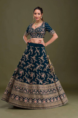 MAN PRIYA TRENDZ Embroidered Semi Stitched Lehenga Choli(Dark Blue)