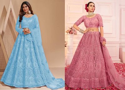 Udbhav Export Embroidered Semi Stitched Lehenga Choli(Light Blue, Pink)