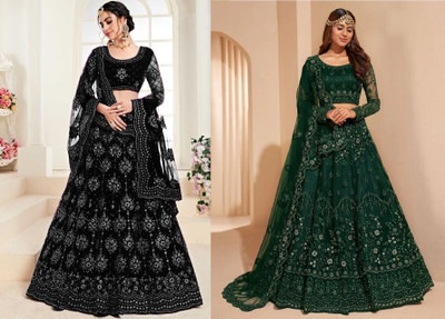 Udbhav Export Embroidered Semi Stitched Lehenga Choli(Black, Dark Green)