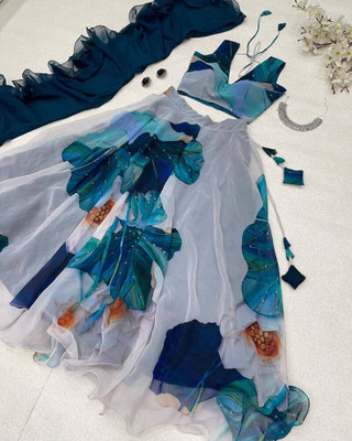 PuriMaa Digital Print Semi Stitched Lehenga & Crop Top(Blue)