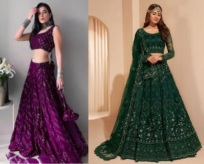 Udbhav Export Embroidered, Embellished Semi Stitched Lehenga Choli(Dark Green, Purple)