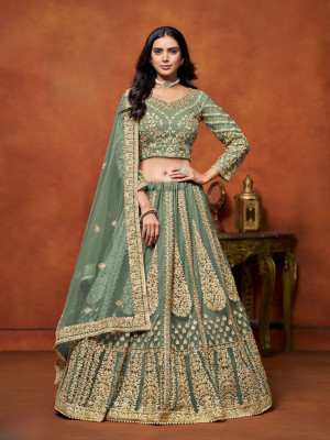 odette Embroidered Semi Stitched Lehenga Choli(Green)