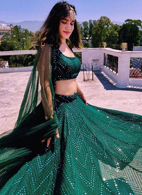 WIZULO TRENDZ Embroidered Semi Stitched Lehenga Choli(Green)