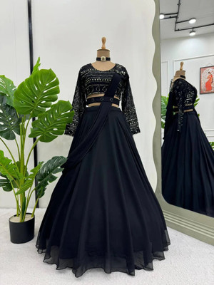 ISHU FAB Embroidered Semi Stitched Lehenga Choli(Black)