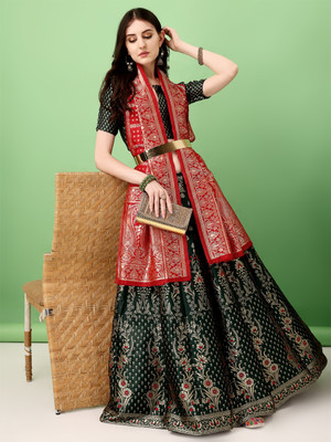 A To Z Cart Embellished Semi Stitched Lehenga Choli(Dark Green)