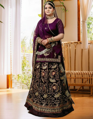 Bhawani saree center Embroidered Semi Stitched Rajputi Poshak(Purple)