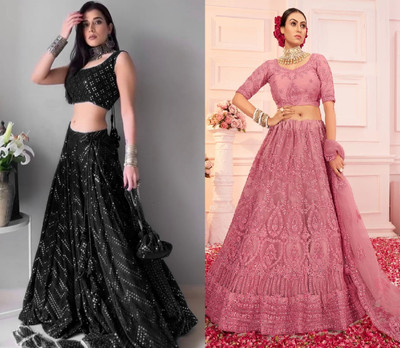 Reelove Factory Embroidered Semi Stitched Lehenga Choli(Black, Pink)