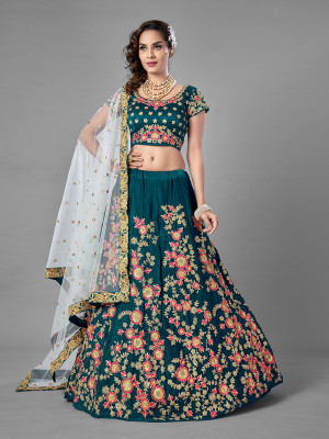 odette Embroidered Semi Stitched Lehenga Choli(Blue)