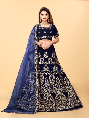 LADY SHOPI Embroidered Semi Stitched Lehenga Choli(Dark Blue)