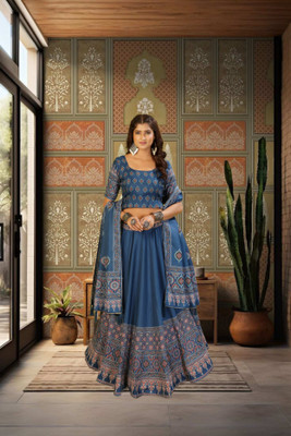 KRISHU ETHNICS Printed Semi Stitched Lehenga Choli(Light Blue, Red)