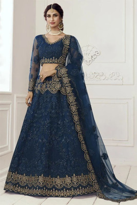TRIVORA Embroidered Semi Stitched Lehenga Choli(Blue)