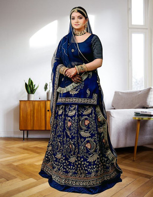 Bhawani Collection Embroidered Semi Stitched Rajasthani Poshak(Blue)