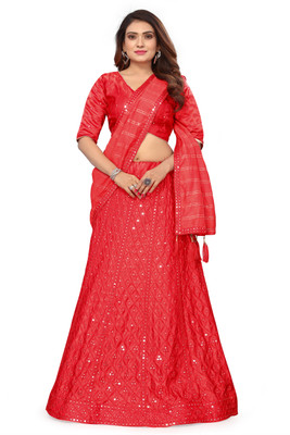 FROQUILIZ Embroidered Semi Stitched Lehenga Choli(Red)